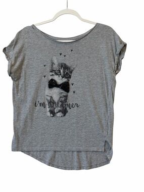 Mohito Graphic Tee Womens Medium Gray Kitten Sequin Bow Dreamer Cotton Blend Top